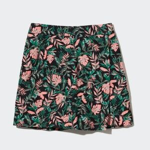 Uniqlo Tropical Leaf Print Linen Blend Wrap Skort Shorts Black Green Peach M